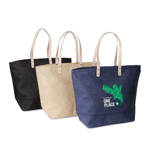 EcoFriendly Laminated Jute Market Tote Bag with Leather Handles