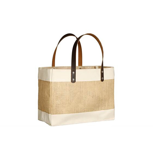 BSJ923 - Promotional Laminated Jute Bag with Fancy Leather Handles
