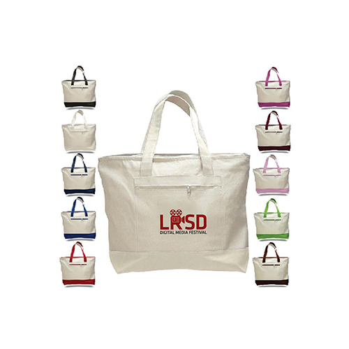 Q1300 Heavy Canvas Zippered Shopping Tote Bag With Colored Handles