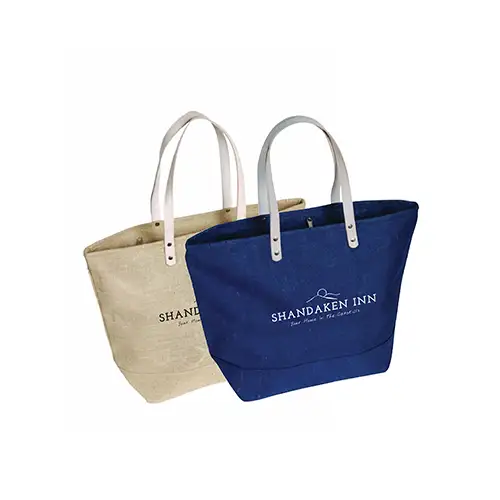 SJ9208-S - Eco Friendly Jute Tote Bag with Leather Handles/Zipper Closure and Inside Pocket