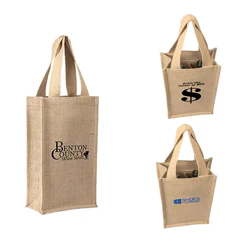 SJ9216 - Promotional Jute 2 Bottle Wine Bag with Cotton Webbed Handles