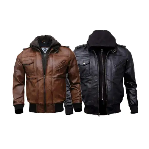 cotton padded leather jacket with beanie