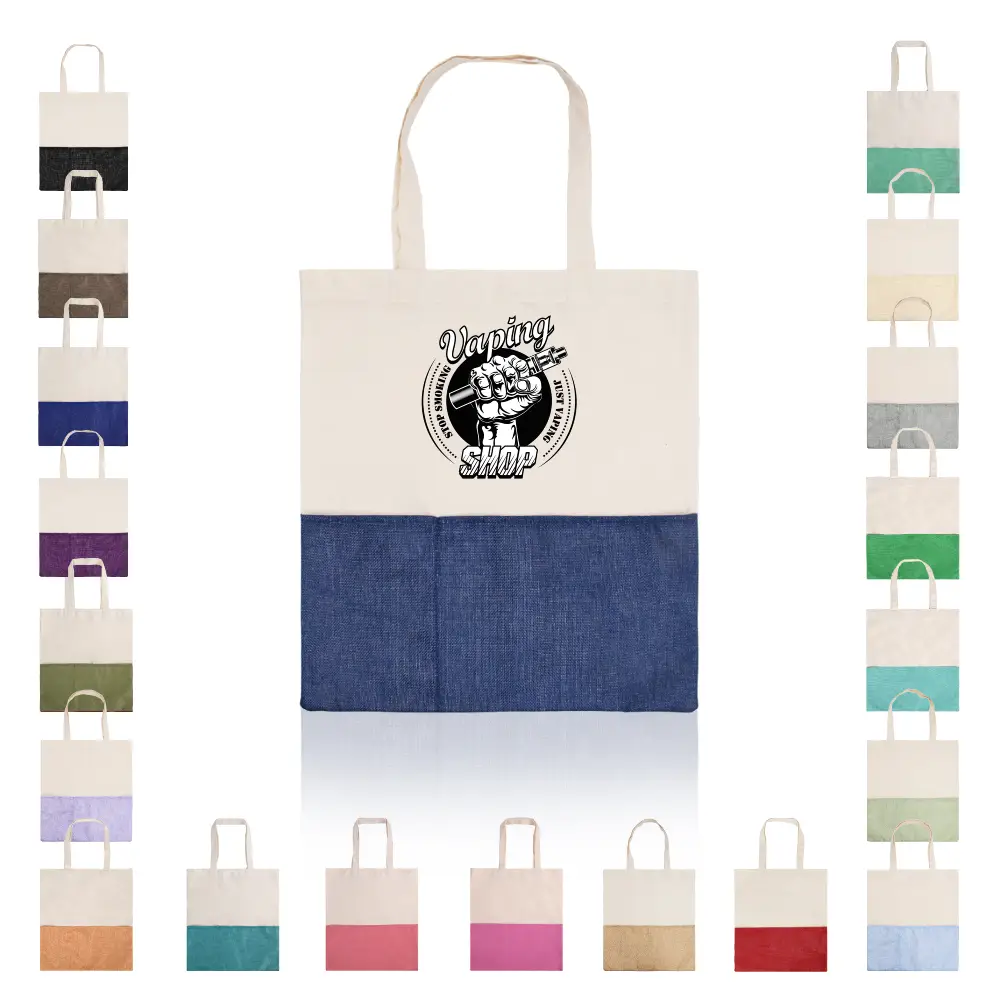 S12287 - Promotional Two-Tone Burlap & Cotton Tote Bags with Pocket