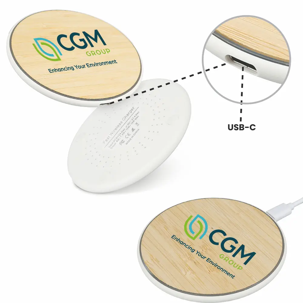 S17347 - Personalized Round Bamboo Organic 15W Wireless Charging Pad 