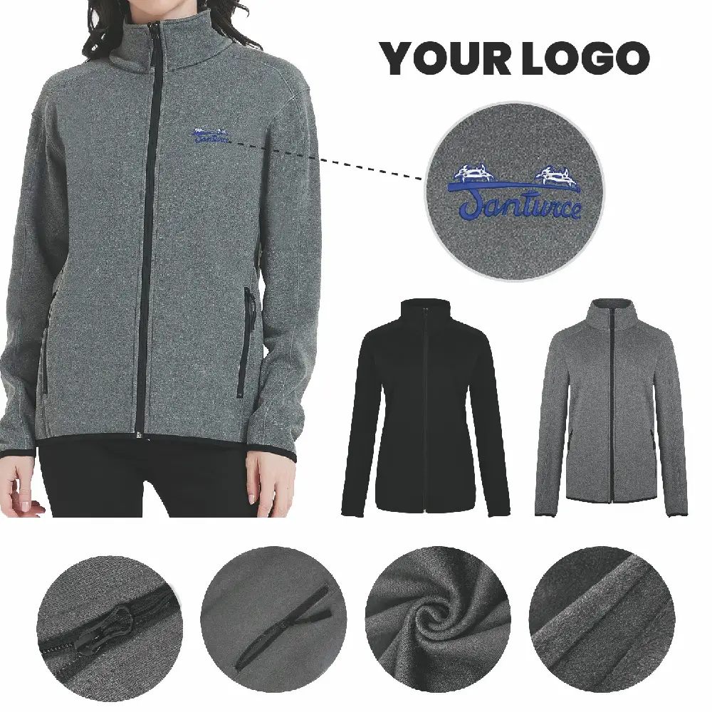 S19613 - Women's Heathered Knit Sweater Full Zipper Fleece Jacket in Bulk