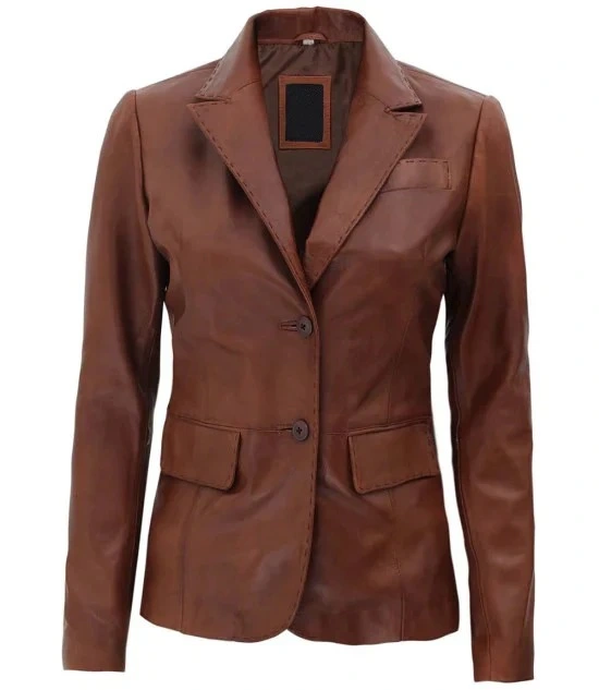 LJ112 - Women Two Button Leather Blazer Jacket