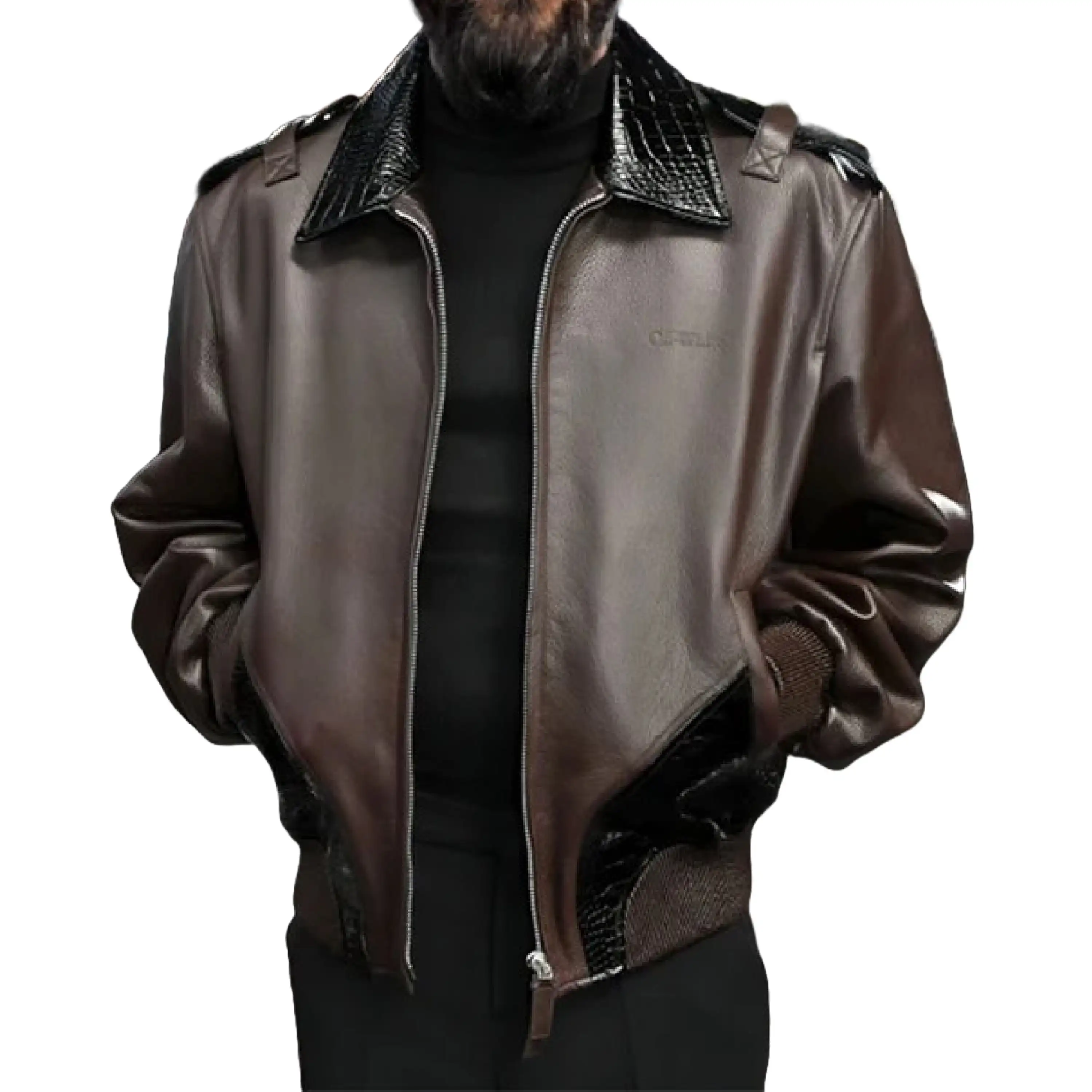 LJ115 - Luxe Croc-Trim Bomber Leather Jacket