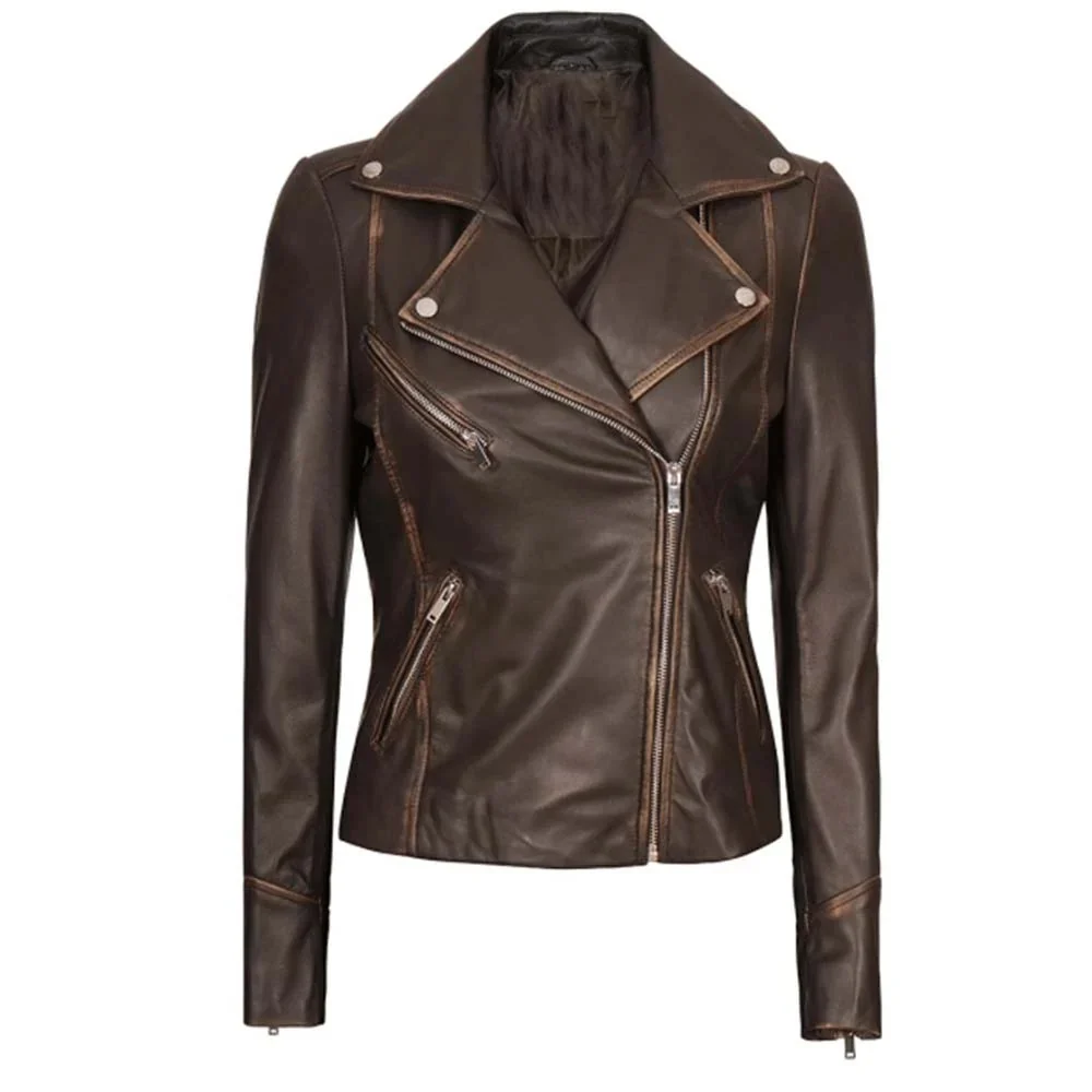 LJ120 - Women's Brown Vintage Leather Biker Jacket