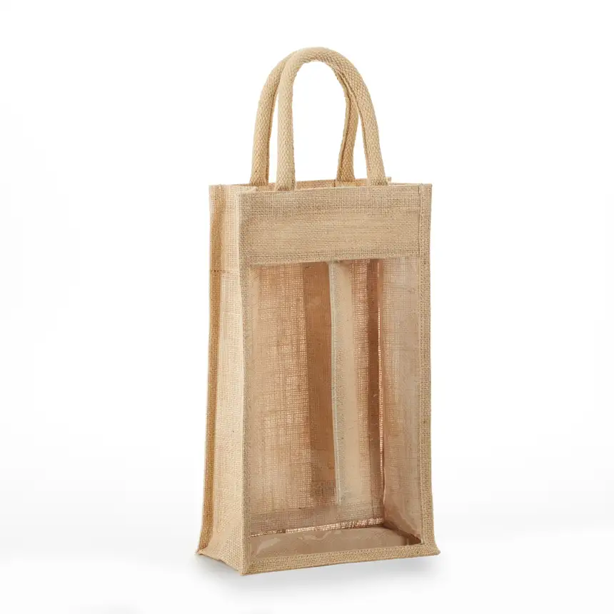 SWB2 - Custom Printed 2 Bottle Clear Front Jute Wine Bag