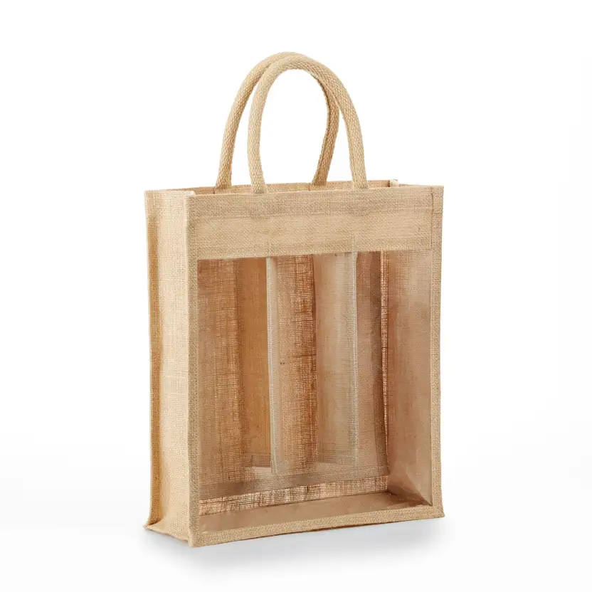 SWB3 - 3 Bottle Jute Wine Bag Clear Front