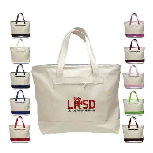 Q1300 - Promotional Canvas Zippered Shopping Tote Bag With Colored Handles