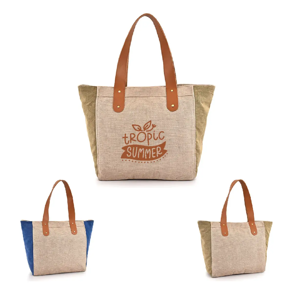 SST912 - Wholesale Jute And Cotton Leather Handle Tote Bag 21.25